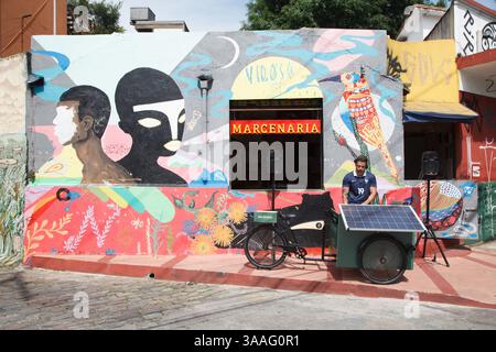 Die Batman Alley (Beco do Batman) berühmte Wandgraffiti-Gemälde in Vila Madalena, Sao Paulo, Brasilien Stockfoto