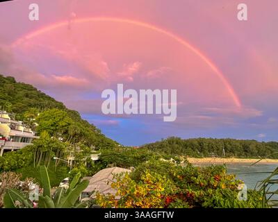 Regenbogen über einem tropischen Strand Ein atemberaubender Regenbogen überzieht einen tropischen Strand bei Sonnenuntergang. Der pastellfarbene Himmel spiegelt sich auf dem ruhigen Meereswasser Stockfoto
