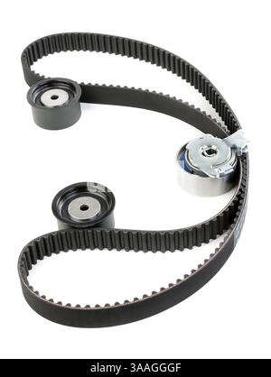 Spannrolle und Zeitsteuerung, isoliert auf weiß Stockfoto