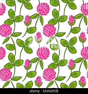 Ein nahtloses Muster mit leuchtenden roten Kleeblüten, umgeben von üppig grünen Blättern. Dieses botanische Design verleiht Ihnen einen Hauch von Natur und Charme, per Stock Vektor
