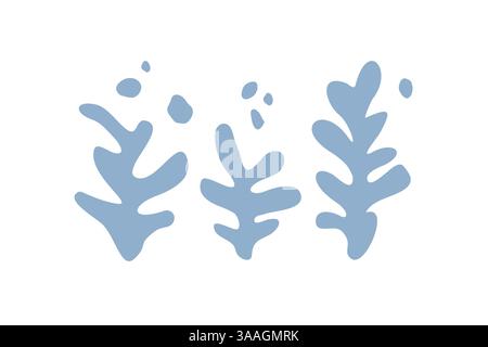 Seetang-Silhouette und Luftblasen Set aus handgezeichneter Kritzelillustration. Unterwasserleben Sommerurlaub. Set mit blauen Algen und Algen-Design Stock Vektor