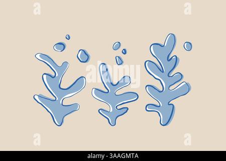Seetang-Silhouette und Luftblasen Set aus handgezeichneter Kritzelillustration. Unterwasserleben Sommerurlaub. Set mit blauen Algen und Algen-Design Stock Vektor