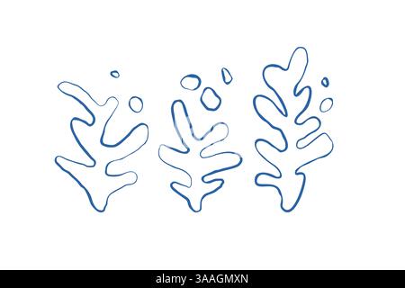 Seetang-Silhouette und Luftblasen Set aus handgezeichneter Kritzelillustration. Unterwasserleben Sommerurlaub. Set mit blauen Algen und Algen-Design Stock Vektor