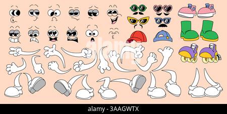 Retro Maskottchen Gesicht Körperteile isoliert auf Hintergrund gesetzt. Vektor-Cartoon-Illustration von Augen und Mündern mit verschiedenen Emotionen, Händen und Beinen, Sonnenbrille, Hüte, Schuhe für groovige Charakterdesign Stock Vektor
