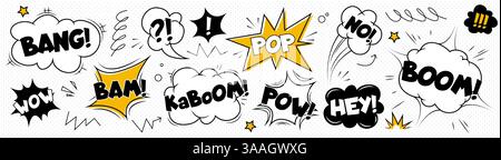 Komische Sprechblasen, isoliert auf Hintergrund. Vektor-Karikaturillustration von schwarzen und gelben Retro-Textwolken, Kaboom, Pop, hey, keine Ausrufeaufkleber Design, Überraschungs-Knall-Effekt, Doodle-Kunst Stock Vektor