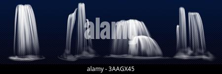 Wasserfälle isoliert auf transparentem Hintergrund. Realistische Vektor-Illustration der 3D-Wasserkaskade, die vom Berg fällt, Brunnenbäche, Fluss, der Klippen hinunter plätschert, natürliche Landschaftselemente Stock Vektor