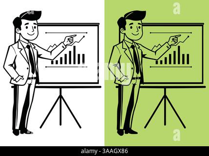 Llustration eines Geschäftsmannes, der eine Datenpräsentation anhand von Diagrammen gibt, Eines Geschäftsmannes, der Statistiken auf einem Kartenbrett präsentiert Stock Vektor