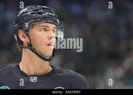 Seattle, Washington, USA. 31. März 2025. Andre Burakovsky (95) blickt während der zweiten Phase eines NHL-Spiels gegen die Dallas Stars in der Climate Pledge Arena in Seattle, Washington am 31. März 2025 an. (Foto Nate Koppelman/Alamy Live News) Stockfoto