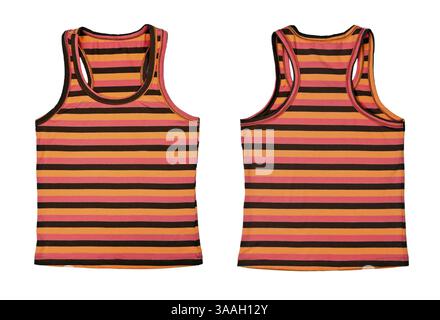 Collage aus zwei gestreiften Damen-T-Shirts auf weißem Hintergrund Stockfoto