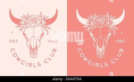 Cowgirl Club Country Girl rosa florale Kuh Skull Hemd Design Retro Vintage Preppy Cowgirls ästhetische Geburtstag Junggesellinnen Party beste Truppe Abzeichen. Stock Vektor