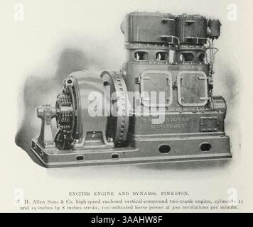 ERREGERMOTOR UND DYNAMO, PINKSTON KRAFTWERK, GLASGOW CORPORATION TRAMWAYS W. H. Allen Sons & Co. Hochgeschwindigkeits-Doppelmotor mit vertikalem Compound, Zylinder 11 und 19 Zoll bei 8 Zoll Hub, 100 zeigte Leistung bei 300 Umdrehungen pro Minute an. Aus dem Artikel ENGLISCHE, AMERIKANISCHE UND KONTINENTALE DAMPFTECHNIK. Von Philip Dawson vom Engineering Magazine gewidmet dem Industrial Progress Band XXII 1901-1902 The Engineering Magazine Co Stockfoto