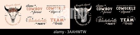 Junggesellinnenabschied Country Cowgirl Western Ästhetik Cowboy Thema Zitate Pack Bundle Set Boho Blumen Retro Brautjungfer Mädchen Squad Crew Shirt Design. Stock Vektor