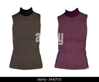 Collage aus zwei Damenwesten mit geometrischem Muster auf weißem Hintergrund. Das Bild besteht aus mehreren Bildern Stockfoto