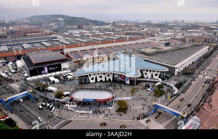 März 2018 - Barcelona, Spanien - Luftaufnahme des Südeingangs des Barcelona Mobile World Congress 2018..der Mobile World Congress 2018 findet vom 26. Februar bis 1. März in Barcelona statt. (Foto: © letzter Tag des Mobile World Congress in Barcelona  9 .jpg/SOPA Bilder via ZUMA Wire) Stockfoto