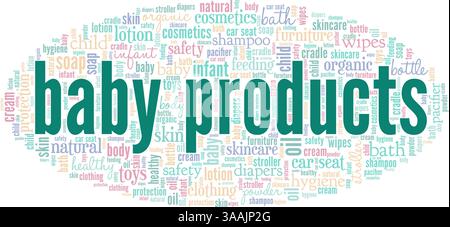 Baby-Produkte konzeptuelle Vektor-Illustration Wort Wolke isoliert auf weißem Hintergrund. Stock Vektor