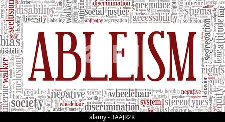 Ableism konzeptuelle Vektor-Illustration Wortwolke isoliert auf weißem Hintergrund. Stock Vektor