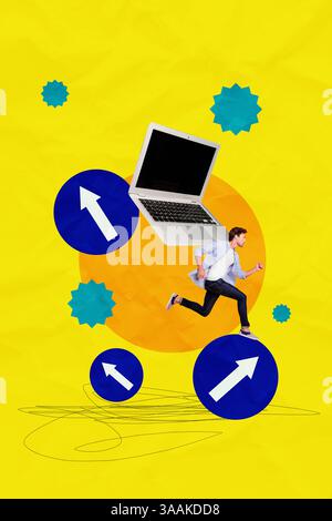 Zine kreative vertikale Fotocollage des seriösen Geschäftsmannes Durchlauf Pfeil Pointer Erfolg Ziel Leistung Laptop-Gerät Fortschritt Stockfoto