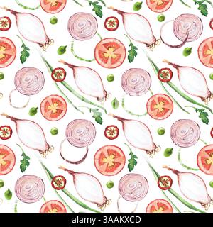 Aquarellmuster mit Gemüse. Handgezeichnete isolierte Clipart auf weißem Hintergrund. Helle und saftige Bilder von realistischem Gemüse für Stockfoto