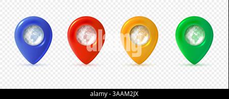Farbenfrohe Weltkartennadeln mit Globus innen, Set mit vier Pins in Blau, Rot, Gelb und Grün. Vektor-3D-Illustration für Standort- und Navigationsthemen. Stock Vektor
