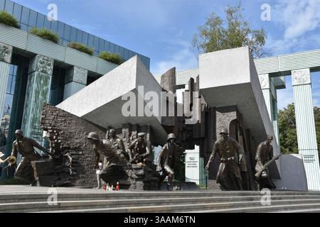 4. August 2017 - Warschau, Polen - Denkmal für die Aufständischen von Warschau während des Warschauer Aufstandes von 1944. Außenansicht des Obersten Gerichtshofs in Polen. Der Präsident der Republik Polen ernennt Richter des Obersten Gerichtshofs auf unbestimmte Zeit. Dies geschieht auf Antrag des Nationalen Justizrats. Der Präsident wählt auch den ersten Präsidenten des Gerichts aus den von der Generalversammlung des Obersten Gerichtshofs vorgelegten Kandidaten aus. Der erste Präsident hat sein Amt für sechs Jahre inne, obwohl er oder sie vom Sejm auf Antrag des Präsidenten der Repu entlassen werden kann Stockfoto
