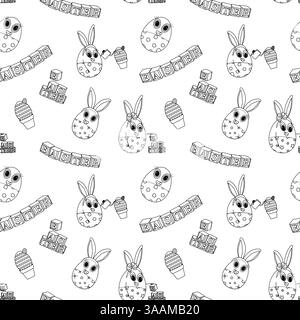 Einfarbiges, nahtloses Muster mit anthropomorphen Ostereiern, Kinderfiguren mit Osterhasenohren und verspielten Gesichtern. Ideal zum Ausmalen von Seiten. Stock Vektor
