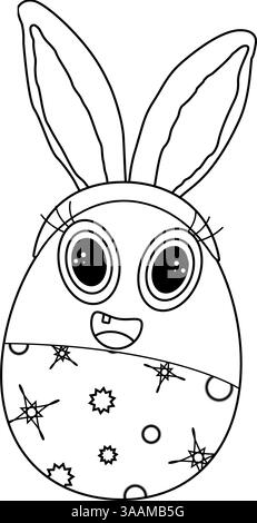 Einfarbiges, entzückendes anthropomorphes Ostereierkind mit Osterhasenohren, großen Augen und einem fröhlichen Lächeln in einer lustigen Schwarz-weiß-Färbung. Stock Vektor