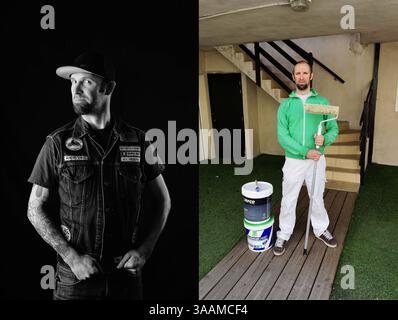 11. Dezember 2017 – Paris, Frankreich – ARNO aka Angry Bird of Boozefighters MC 176, arbeitet als Maler und reitet auf einem Harley Davidson Dyna Low Rider 2006. (Bild: © Pierre Pankotay/zReportage.com Via ZUMA Wire) Stockfoto