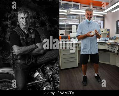 11. Dezember 2017 – Paris, Frankreich – DIDIER of Evil Sinners MC, Zahntechniker, reitet auf einem Harley Davidson Softail Heritage 1990. (Bild: © Pierre Pankotay/zReportage.com Via ZUMA Wire) Stockfoto