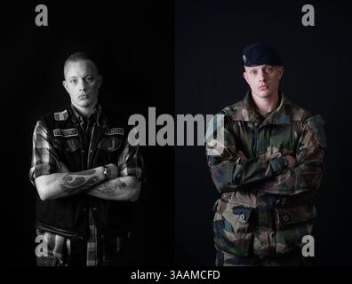 11. Dezember 2017 – Paris, Frankreich – TRISTAN aka SHARP von der mittelalterlichen MC Vienne, ist Militärsoldat und reitet auf einem Harley Davidson Super Glide 1340 de 1987. (Bild: © Pierre Pankotay/zReportage.com Via ZUMA Wire) Stockfoto