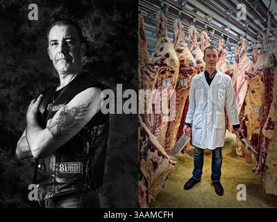 11. Dezember 2017 – Paris, Frankreich – STEPH of Evil Sinners MC, arbeitet als Metzger und reitet auf einem Harley Davidson Dyna Wide Glide 2010. (Bild: © Pierre Pankotay/zReportage.com Via ZUMA Wire) Stockfoto