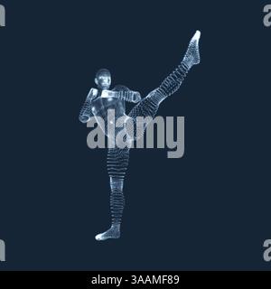 Kickbox Fighter vorbereiten, führen Sie einen High Kick. Fitness, Sport, Training und Martial Arts Konzept. 3D-Modell des Menschen. Menschlichen Körper. Design Element. Vect Stock Vektor