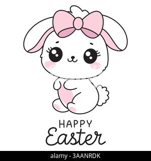 Glückwunschkarte mit handgeschriebenem Text und bezauberndem Kawaii-Osterhase mit Schleife. Stock Vektor
