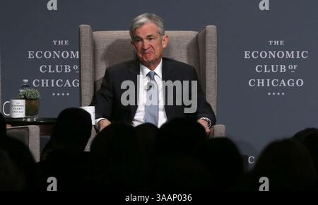 7. April 2018 - Chicago, IL, USA - der Vorsitzende der US-Notenbank Jerome Powell spricht am Freitag, 6. April 2018 im Economic Club of Chicago. (Bild: © Antonio Perez/TNS via ZUMA Wire) Stockfoto