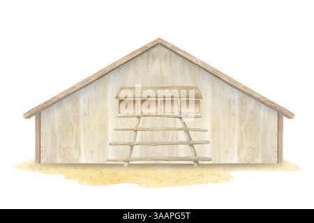 Hölzerner Hühnerstall mit Barschtreppen und Nistkästen Aquarellillustration isoliert auf weißem Hintergrund. Minimalistischer Hühnerstall auf Sand Stockfoto