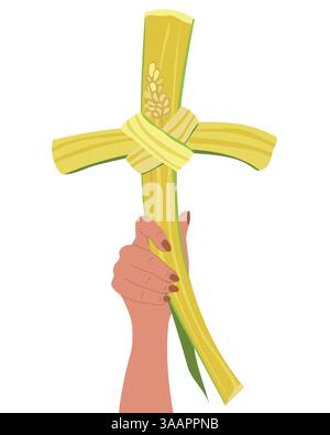 Eine Hand hält ein grünes Palmblattkreuzifix für die Feier des Palmensonntags, ein Symbol des christlichen Feiertags vor Ostern. Stock Vektor