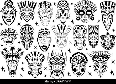 Silhouetten totem afrikanischer Stammesmasken. Set von rituellen mythologischen ethnischen Aborigines Gesichtsmasken. Set mit Aufklebern aus Afrika. Vektorabbildung Stock Vektor