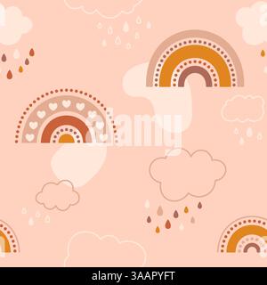 Nahtloses Kawaii-Muster für Kinder mit niedlichen Regenbögen, schlichten Formen mit Linienwolken und Wassertropfen. Stock Vektor