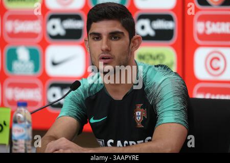 30. Mai 2018 - Oeiras, Portugal - der portugiesische Stürmer Goncalo Guedes nimmt am 30. Mai 2018 an einer Pressekonferenz Teil, bevor er im Trainingslager Cidade do Futebol (Fußballstadt) in Oeiras, am Stadtrand von Lissabon, vor den Vorbereitungsspielen der FIFA-Weltmeisterschaft Russland 2018 gegen Belgien und Algerien zu einem Trainingslager ausgetragen wird........... Während des portugiesischen Fußballspiels Sporting CP gegen Vitoria Guimaraes im Alvadade-Stadion in Lissabon am 5. März 2017. Foto: Pedro Fiuzaduring beim portugiesischen Cup-Finale am 20. Mai 2015 die CD Aves vs Sporting CP im Jamor-Stadion in Oeiras, am Stadtrand von Lissabon. Stockfoto