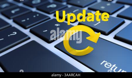 Aktualisieren Sie Computersoftware und Online-Daten konzeptionelle 3D-Illustration mit goldenem Schild und Symbol auf einer Laptop-Tastatur. Stockfoto