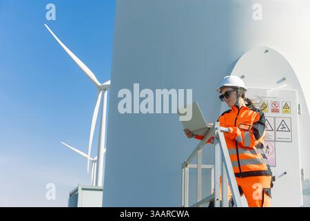Professioneller Ingenieur Techniker Arbeiter Überprüfung Service Wartung Windturbine sauberes Elektrizitätskraftwerk. Windenergie Stromerzeuger f Stockfoto