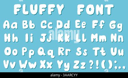 Flauschige Cloud-Schriftart. Verspieltes englisches Alphabet für Kinder. Niedliche gemütliche Groß- und Kleinbuchstaben, Satzzeichen. Vektorgrafiken Stock Vektor