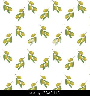 Flache, nahtlose Struktur in grünen Oliven. Design für Öl, Gesundheitsprodukte und Bio-Naturkosmetik. Olivenzweig mit Früchten und Blättern, weiter Stock Vektor