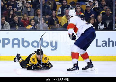 April 2018; Boston, MA, USA; David Pastrnak (88) und der Verteidiger Aaron Ekblad (5) der Florida Panthers während eines NHL-Spiels zwischen den Florida Panthers und Boston Bruins im TD Garden. Florida besiegte Boston mit 4:2. Anthony Nesmith/CSM(Credit Image: &Copy; Anthony Nesmith/CSM via ZUMA Wire) Stockfoto