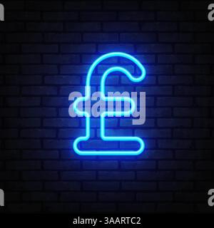 Pfund Sterling-Symbol im modernen Neondesign, das in blauem Licht leuchtet. Der Charakter ist als Kontrast auf einer dunklen Stadtmauer zentriert. Stock Vektor