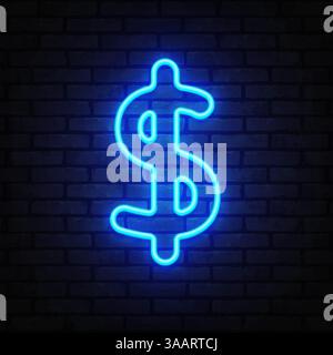 Dollarsymbol im Neonstil mit leuchtendem blauem Licht und digitaler Energie-Vibe. Das Symbol leuchtet hell vor einem dunklen Backsteinmauerhintergrund. Stock Vektor