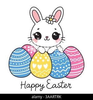 Happy Easter Cute Grußkarte mit Text und Cartoon Kawaii Bunny Hase Hase mit farbigen verzierten Eiern Stock Vektor