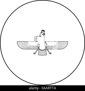 Zoroastrismus Religion Faravahar Zorostrisches Symbol Parsi Icon im Kreis rund schwarz Farbe Vektor Illustration Bild Umriss Kontur Linie dünn Stil simp Stock Vektor