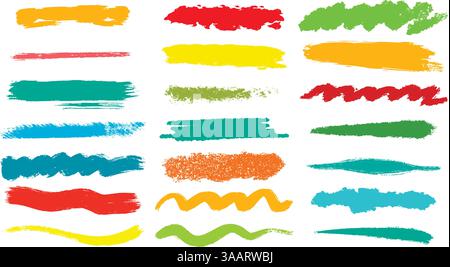 Bunte, leuchtend strukturierte Pinselstriche. Buntstifte Linien, Kinderset. Handgezeichneter Textmarker, Unterstreichen, Markieren, Unterstreichen. Vektorgrafiken Stock Vektor
