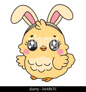 Die Süße Kawaii Gelbe Osterhüttel Trägt Hasenohren. Niedliche Baby-Huhn-Figur. Stock Vektor
