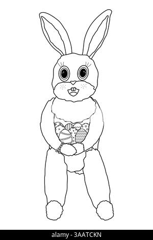 Schwarz-weiße Malseite mit einem entzückenden Osterhasen mit einer Sammlung dekorierter Ostereier. Perfekt für Urlaubsspaß. Stock Vektor